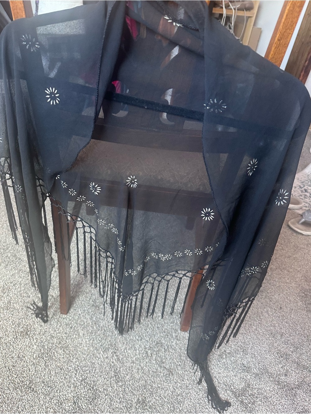 Black Sheer Floral Fringe Scarf Wrap